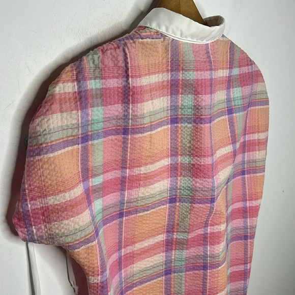 1970s Beeline Fashions Seersucker Plaid Cinched Sleeve Collard Button Uo Blouse - Picture 6 of 9
